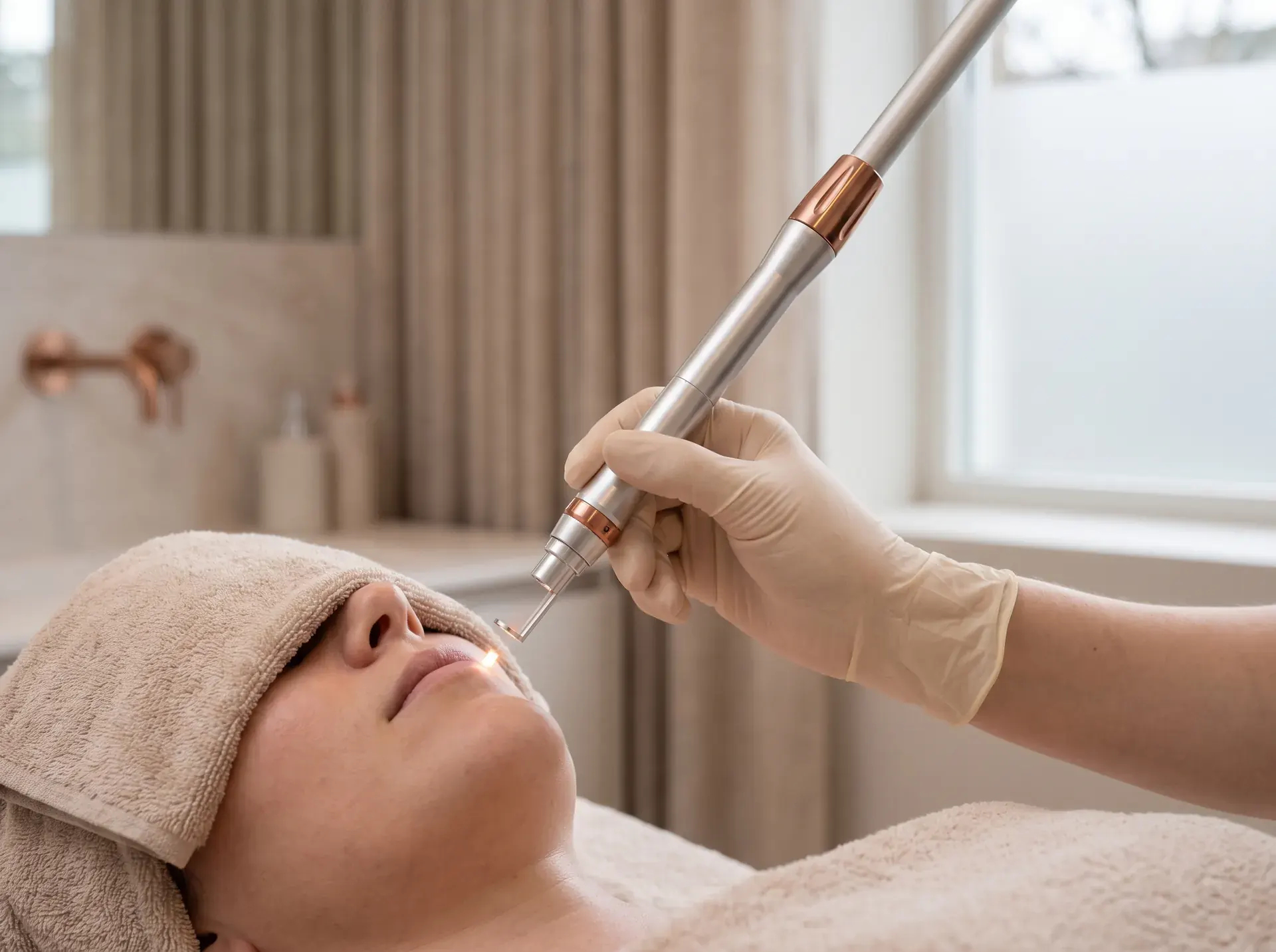 Detalle editorial de aplicación de láser facial
